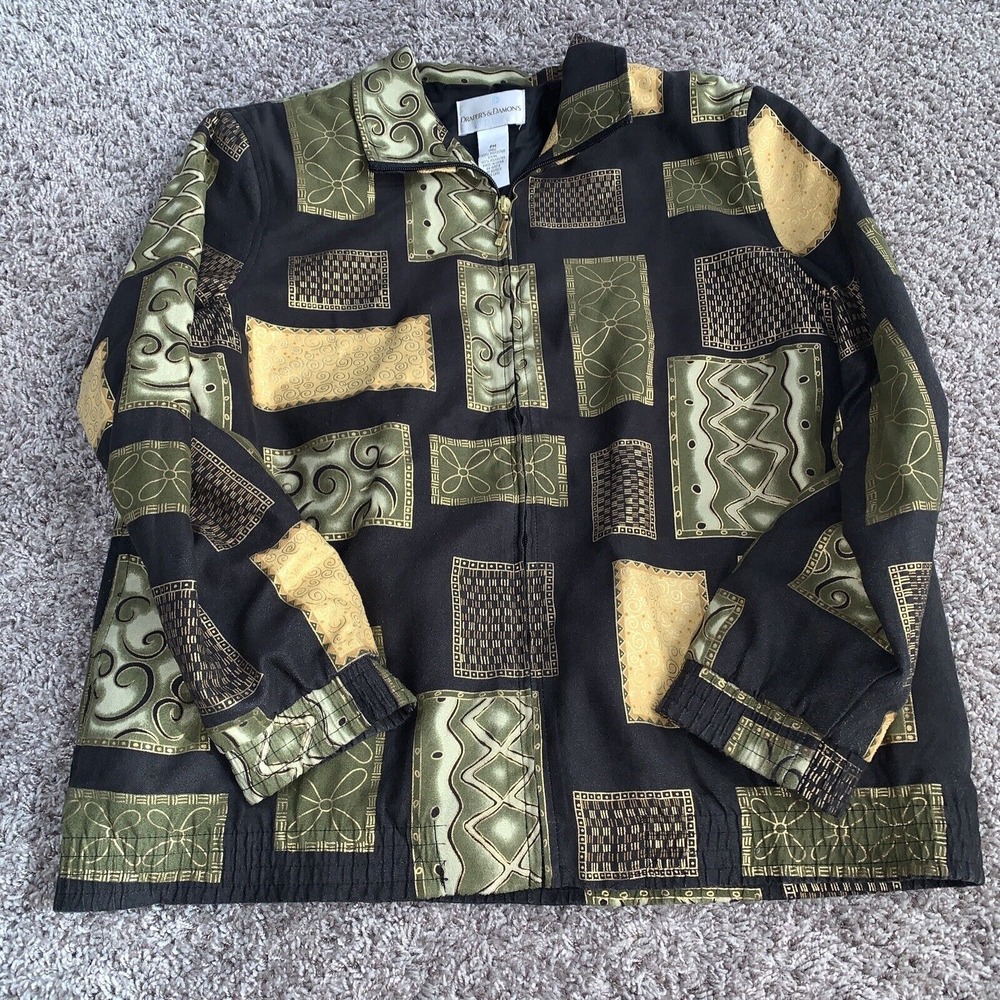 Drapers Damons Womens Jacket Black Green Gold Patchwork Print Zip Up Size PM